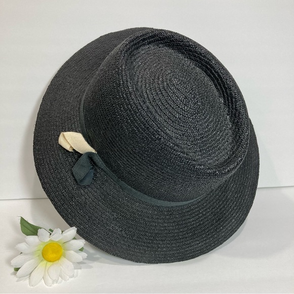 Black Straw Fedora Grosgrain Band Wide Brim Hat NWOT - Picture 4 of 6